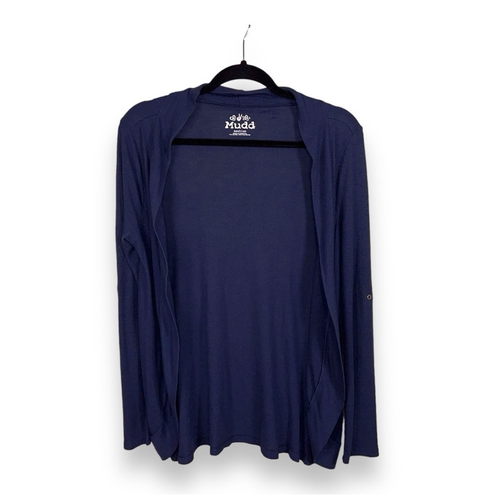 MEDIUM MUDD BLUE LIGHTWEIGHT SHRUG OPEN FRONT STRETCH LONG SLEEVE RUBBED